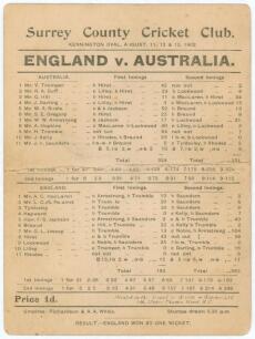Australia tour to England 1902. &lsquo;England v. Australia&rsquo;. Fifth Test. &lsquo;Jessop&rsquo;s Match&rsquo;. Early original double sided scorecard with fully completed printed scores for the 5th Test at Kennington Oval, 11th- 13th August 1902. With Australia 2-0 ahead and the s