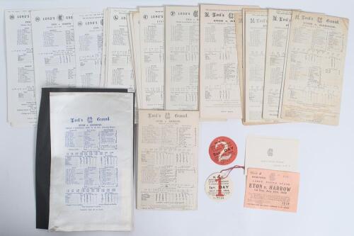 Eton v Harrow 1902-2011. A good selection of over sixty official scorecards for the annual fixture played at Lord&rsquo;s. Includes an original commemorative silk scorecard for the 1907 match which Harrow won by 79 runs, Harrow&rsquo;s captain M.C. Bird scoring centu