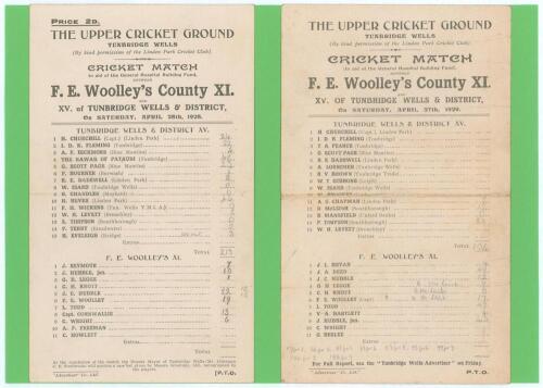 Frank Edward Woolley. Kent & England 1906-1938. Two official scorecards for charity matches between &lsquo;F.E. Woolley&rsquo;s County XI and XV of Tunbridge Wells & District&rsquo; played at Linden Park, Tunbridge Wells, 28th April 1928 and 27th April 1929, both with hand