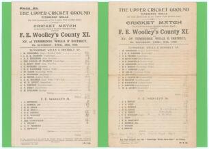 Frank Edward Woolley. Kent & England 1906-1938. Two official scorecards for charity matches between &lsquo;F.E. Woolley&rsquo;s County XI and XV of Tunbridge Wells & District&rsquo; played at Linden Park, Tunbridge Wells, 28th April 1928 and 27th April 1929, both with hand