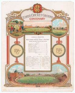 &lsquo;Lord&rsquo;s Centenary 1814-1914&rsquo;. Large original commemorative printed scorecard for the Centenary in 1914. The scorecard is headed &lsquo;Lord&rsquo;s Cricket Ground Centenary 1814-1914. M.C.C. South African Team v The Rest. June 22nd 1914&rsquo;. With colour decorative borde