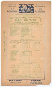 &lsquo;All-India vs. The Australians&rsquo; 1935/36. Rare original scorecard for the second unofficial &lsquo;Test&rsquo; match played at Eden Gardens, Calcutta, 31st December 1935- 3rd January 1936. The &lsquo;Tea Time Score Card&rsquo; with printed scores on the first day&rsquo;s play, shows In