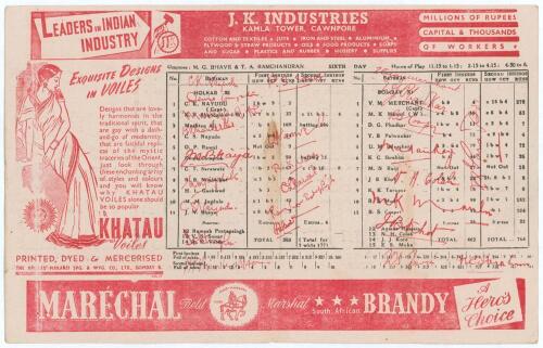 &lsquo;The Cricket Championship of India. The Ranji Trophy 1944-45&rsquo;. Official folding scorecard for the tournament Final, Holkar v Bombay, played at the Brabourne Stadium, Bombay, 4th- 9th March 1945. The scorecard with fully printed scores and facsimile signat