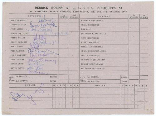 D.H. Robins XI tour to Sri Lanka 1977. &lsquo;Derrick Robins&rsquo; XI vs C.P.C.A. President&rsquo;s XI&rsquo;. Official folding scorecard for the match played at St. Anthony&rsquo;s College Grounds, Katugastota 15th- 17th October 1977. The centre pages with printed scorecard, the pla