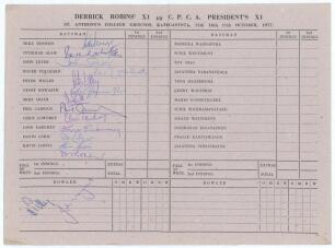 D.H. Robins XI tour to Sri Lanka 1977. &lsquo;Derrick Robins&rsquo; XI vs C.P.C.A. President&rsquo;s XI&rsquo;. Official folding scorecard for the match played at St. Anthony&rsquo;s College Grounds, Katugastota 15th- 17th October 1977. The centre pages with printed scorecard, the pla