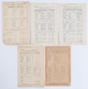 Nottinghamshire C.C.C. pre-World War I. Five original scorecards for &lsquo;home&rsquo; matches played at Trent Bridge with complete printed and handwritten scores (unless stated). v Lancashire (W. Flowers&rsquo; Benefit), 17th- 19th June 1895, complete printed scores, Lan