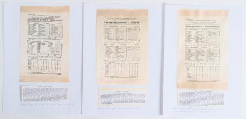 Nottinghamshire C.C.C. 1897-1909. Six early original scorecards, five for Nottinghamshire County matches and one other. Complete printed scores unless stated. Includes three commemorative silk scorecards for matches played at Trent Bridge, v Middlesex 19t