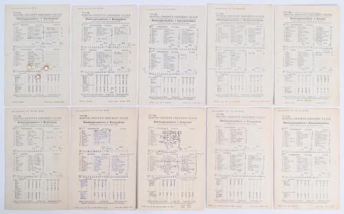 Nottinghamshire C.C.C. 1929-1932. Ten original scorecards for &lsquo;home&rsquo; matches played at Trent Bridge, all with complete printed and handwritten scores. Matches are v Derbyshire 10th- 13th August 1929, match drawn, the scorecard with three cigarette burn ho