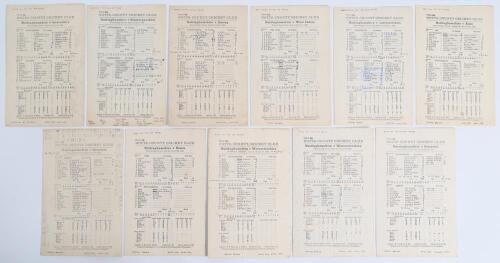 Nottinghamshire C.C.C. 1932-1935. Eleven original scorecards for &lsquo;home&rsquo; matches played at Trent Bridge, all with complete printed and/ or handwritten scores. Matches are v Lancashire 6th- 8th August 1932, won by 124 runs. v Glamorgan 6th- 9th May 1933, dr