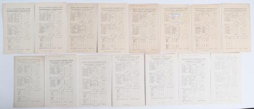 Nottinghamshire C.C.C. 1940-1944. Fifteen original wartime scorecards for matches played at Trent Bridge, all with complete printed and/ or handwritten scores. Matches are Nottinghamshire v Royal Air Force [Services XI] 13th July 1940, v Royal Air Force 5