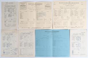 Nottinghamshire 1947-1957. Seven original scorecards for matches played at Trent Bridge. Incomplete printed and/ or handwritten scores unless stated. Includes one Test match, England v West Indies 20th- 25th July 1950 (West Indies won by ten wickets). Tou