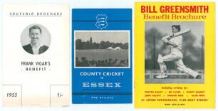 Essex Benefits 1953-1963. Three original official Benefit brochures for Frank Vigar 1953, &lsquo;County Cricket in Essex&rsquo; booklet for Ken Preston 1959, and Bill Greensmith 1963. Wear and old tape repairs to rear wrapper of the Greensmith brochure, light folds t