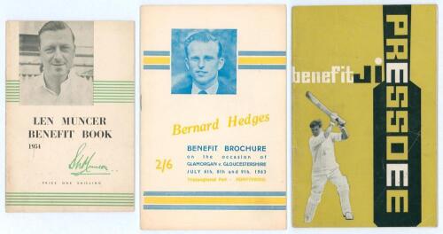 Glamorgan Benefits 1954-1964. Three original official Benefit brochures for Len Muncer 1954, Bernard Hedges 1963, and Jim Pressdee 1964. Light creasing to the Pressdee brochure, otherwise in good condition.