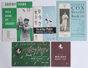 Kent and Sussex Benefits 1950-1960. Four original official Kent and one Sussex Benefit brochures for Arthur Fagg 1950, Godfrey Evans 1953, Doug Wright 1957, Arthur Phebey 1960 (all Kent), and George Cox 1951 (Sussex). Odd minor faults otherwise in good co