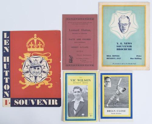 Yorkshire Benefits and Testimonials 1947-1961. Five original Benefit brochures including two souvenir brochures for Bill Bowes 1947 and Len Hutton 1950, both published by the Yorkshire Evening News, and another for Hutton, published by the &lsquo;Hull District&rsquo;