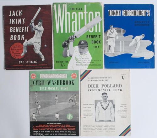 Lancashire Benefits and Testimonials 1948-1964. Five original official Benefit and Testimonial brochures for Cyril Washbrook 1948, Dick Pollard 1949, Jack Ikin 1953, Alan Wharton 1958, and Tommy Greenhough 1964. The Ikin brochure wrappers split at the spi
