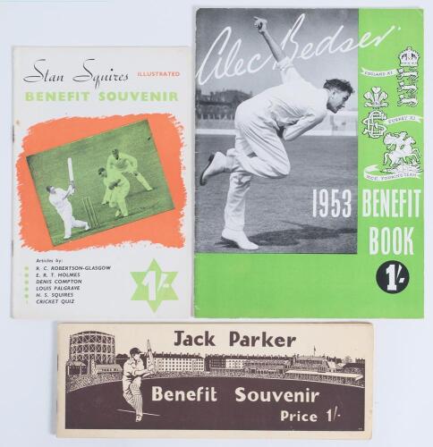 Surrey Benefits 1948-1953. Three original official Benefit brochures for Stan Squires 1948, Jack Parker 1951, and Alec Bedser 1953. Rusting to staples, otherwise in good condition.