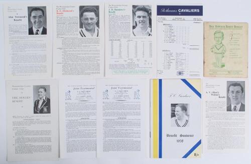 Warwickshire Benefits and Testimonials 1948-1964. Eight original official Benefit leaflets/ brochures for Eric Hollies 1948 (staple holes to one corner), Tiger Smith & Chicko Austin 1954 (two copies), Fred Gardner 1958, Bert Wolton 1959, Alan Townsend 196