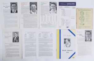 Warwickshire Benefits and Testimonials 1948-1964. Eight original official Benefit leaflets/ brochures for Eric Hollies 1948 (staple holes to one corner), Tiger Smith & Chicko Austin 1954 (two copies), Fred Gardner 1958, Bert Wolton 1959, Alan Townsend 196