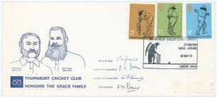 &lsquo;Thornbury Cricket Club Honours the Grace Family&rsquo;. First day cover with the set of three stamps featuring W.G. Grace issued 16th May 1973 to mark the centenary of County Cricket 1873-1973. The cover with printed names and signed by four members of the Gra