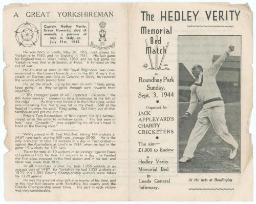 Yorkshire. &lsquo;The Hedley Verity Memorial Bed Match&rsquo;. Official programme for Jack Appleyard&rsquo;s XI v Herbert Sutcliffe&rsquo;s Yorkshire XI played at Roundhay Park, Leeds, 3rd September 1944. Players who took part include Hammond, Paynter, Duckworth, Gunn, Sutcliffe