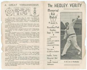 Yorkshire. &lsquo;The Hedley Verity Memorial Bed Match&rsquo;. Official programme for Jack Appleyard&rsquo;s XI v Herbert Sutcliffe&rsquo;s Yorkshire XI played at Roundhay Park, Leeds, 3rd September 1944. Players who took part include Hammond, Paynter, Duckworth, Gunn, Sutcliffe