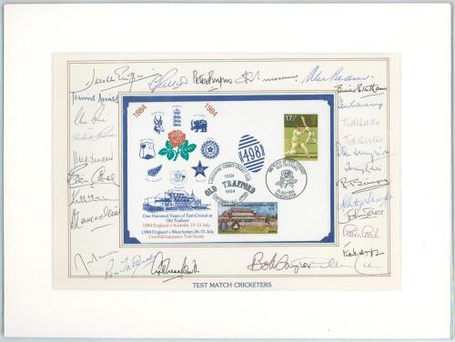 Lancashire C.C.C. &lsquo;One Hundred Years of Test Cricket at Old Trafford 1884-1984&rsquo;. Official commemorative cover loose mounted to card with printed title below, &lsquo;Test Match Cricketers&rsquo;. The mount card nicely signed in ink by twenty seven former Test crickete