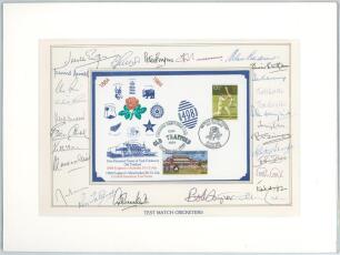 Lancashire C.C.C. &lsquo;One Hundred Years of Test Cricket at Old Trafford 1884-1984&rsquo;. Official commemorative cover loose mounted to card with printed title below, &lsquo;Test Match Cricketers&rsquo;. The mount card nicely signed in ink by twenty seven former Test crickete