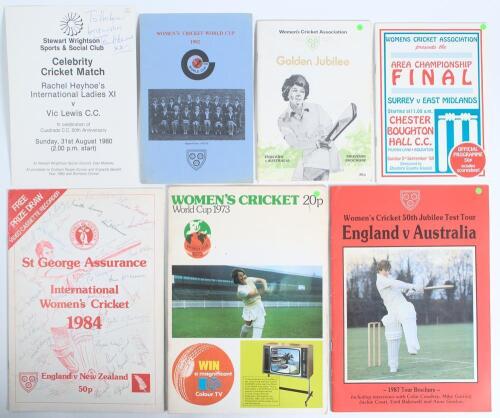 Women&rsquo;s cricket brochures and programmes 1973-1989. Souvenir programme for the Women&rsquo;s Cricket World Cup 1973, signed to centre player profile pages by six England players. Souvenir brochure for the Women&rsquo;s Cricket Association Golden Jubilee 1926-1976, En