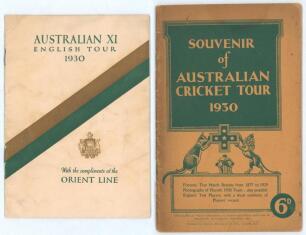 Australia tour of England 1930. Official &lsquo;Australian XI English Tour 1930&rsquo; brochure for the tour. To front cover &lsquo;With the compliments of the Orient Line&rsquo; with title, Orient Line emblem and Australian colours of gold and green running diagonally through t