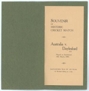 &lsquo;Souvenir of Historic Cricket Match. Australia v. Daylesford [Victoria]&rsquo; 1880. Facsimile four page scoresheet in green wrappers for the match played between twenty two of Daylesford against an Australian eleven, played at Daylesford, 18th March 1880. Prod