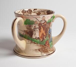 Fishing Tyg. Large and impressive three handled tyg with scene of monks fishing. Rhyme to side reads &lsquo;Tomorrow will be Friday, Every Brother his rod he took, Every rod had a line and a hook, every hook had a bait so fine, and thus they sang in the Evenshi