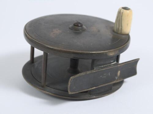 Fishing. Brass fly reel by C. Farlow & Co. of The Strand, London, late 1800s. Original bone winding handle. Maker&rsquo;s mark of a fish to foot and engraved name and London address to side. Approx. 4&rdquo; diameter. G/VG