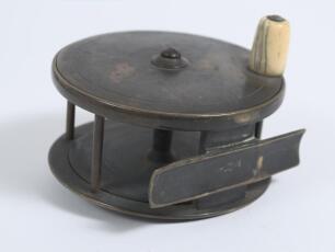 Fishing. Brass fly reel by C. Farlow & Co. of The Strand, London, late 1800s. Original bone winding handle. Maker&rsquo;s mark of a fish to foot and engraved name and London address to side. Approx. 4&rdquo; diameter. G/VG