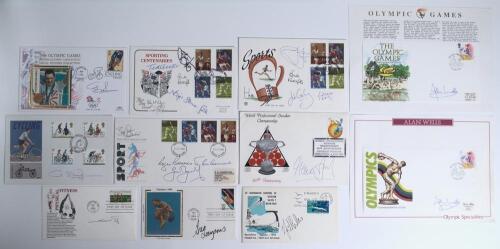 Signed sporting commemorative first day covers 1970-1996. A selection of seventeen commemorative covers, all (two exceptions) signed or multi-signed. Sports and signatures include Chris Boardman (cycling, two different), David Wilke, Mark Spitz (swimming)