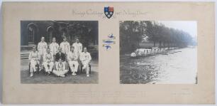 Rowing. &lsquo;King&rsquo;s College [Cambridge] 1st. May Boat 1933&rsquo;. Two large mono photographs, one of the King&rsquo;s College rowing team seated and standing in rows wearing blazers, the other of the crew on the water. The photographs laid down side by side to photograp