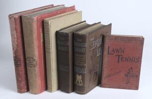 Sporting books. Six hardback titles. &lsquo;Lawn Tennis&rsquo;, H.W.W. Wilberforce, London 1895. &lsquo;The &ldquo;House&rdquo; On Sport&rsquo;, W.A. Morgan, Vol. I London 1898, and Vol. II 1899, staining to boards. Two volumes of &lsquo;The Badminton Library of Sports & Pastimes&rsquo;, &lsquo;Football&rsquo; &lsquo;Ne