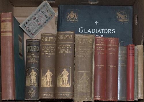 Boxing Books. Good selection of older boxing books &lsquo;Pugilistica&rsquo;. The History of British Boxing. Henry Downes Miles. Edinburgh 1906. Volumes 1, 2 & 3. Mixed original decorative covers. Plus a duplicate Volume 3 in poor condition. Also &lsquo;Gladiators of the P