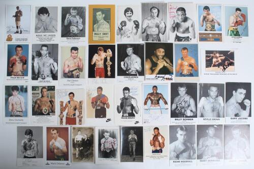 Signed boxing photographs 1930s onwards. A good selection of sixty original promotional cards, photographs etc. of boxers, the majority signed by the featured fighter. Earlier signatures include Paddy Roche, Willie Hamilton, Sammy McCarthy, Wally Swift, J