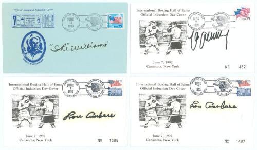 Signed boxing commemorative covers 1990-1992. An &lsquo;Official Inaugural Induction Cover&rsquo; dated stamped Induction Station, Canastota, New York 10th June 1990, signed by Ike Williams. Also three numbered &lsquo;International Boxing Hall of Fame Official Induction Da