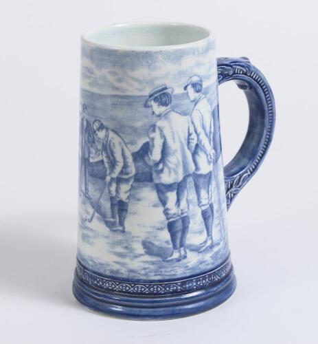 Golf jug. Royal Bonn German golf jug with scenes of a golf match in progress to side with decorative handle 6.25&rdquo; tall with marks to base and number 1378. Good condition