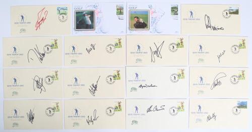 Signed golf commemorative covers 1977-2002. Twenty three commemorative covers issued at the Seve Trophy tournament, Druids Glen, Ireland, 19th- 21st April 2002. Each cover individually signed by a participating golfer, sold with two further individually s