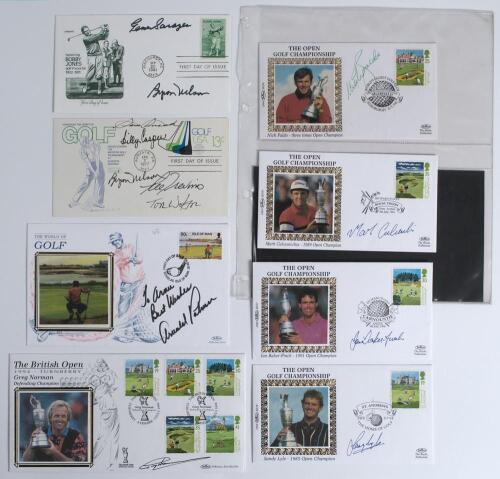 Signed golf commemorative covers 1987-1997. Eight signed covers including one issued for the Masters Tournament, Augusta 1977, signed by Sam Snead, Billy Casper, Byron Nelson, Lee Trevino and Tom Watson. &lsquo;Honouring Bobby Jones golf immortal 1902-1971&rsquo; iss