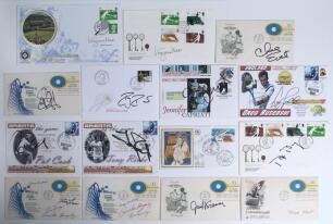 Tennis signatures, commemorative covers, 1970s onwards. A good selection of signed covers, photographs, cards etc. Signatures on covers include Bjorn Borg, Guillermo Vilas, Roger Federer, Andrew Castle, Margaret Court, Virginia Wade, Chris Evert, Doris Ha
