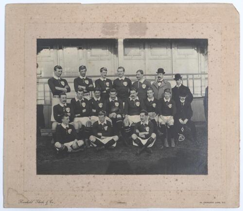 Rugby Union. Ireland v England 1898. Original mono photograph of the Ireland team for the Home Nations Championship match played at the Athletic Ground, Richmond, 5th February 1898. The players seated and standing in rows wearing rugby attire and internat