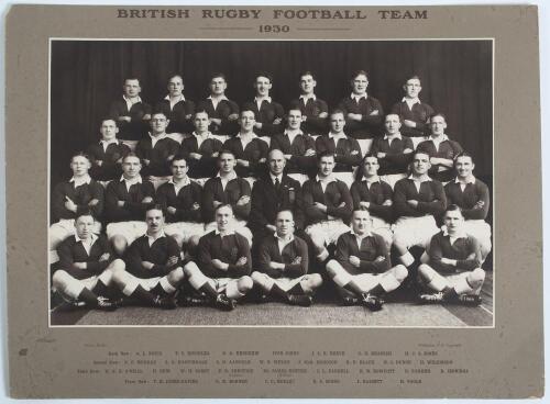 Rugby Union. British Isles Lions team tour of Australia & New Zealand 1930. Large original mono photograph of the British and Irish Lions team taken in New Zealand. The players and Manager, James Baxter, standing and seated in rows, wearing Lions playing 
