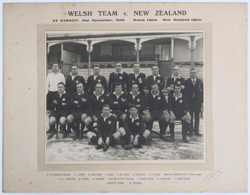 Rugby Union. &lsquo;Welsh Team v. New Zealand&rsquo; 1935/36. Large original mono photograph of the Wales team that defeated the New Zealand tourists 13-12 at Cardiff, 21st December 1935. The players standing and seated in rows, wearing playing attire. Players featur