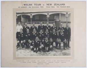 Rugby Union. &lsquo;Welsh Team v. New Zealand&rsquo; 1935/36. Large original mono photograph of the Wales team that defeated the New Zealand tourists 13-12 at Cardiff, 21st December 1935. The players standing and seated in rows, wearing playing attire. Players featur