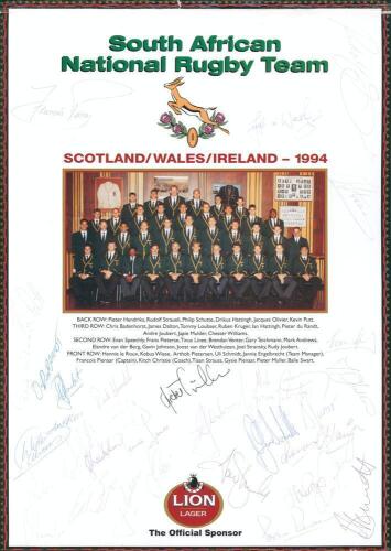 Rugby Union. &lsquo;South African National Rugby Team&rsquo; tour to Scotland, Wales & Ireland 1994. Printed colour photograph of the team with title, players&rsquo; names and official sponsor&rsquo;s logo for Lion Lager. Signed to the borders by over thirty members of the touri