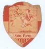 &lsquo;Nottingham Forest&rsquo;. Rare early shield shaped colour trade card printed in red with image of a player kicking the ball to centre and title &lsquo;Notts Forest&rsquo; to lower border. J. Baines Litho, Bradford believed to be 1912. With advertising to reverse. Minor we